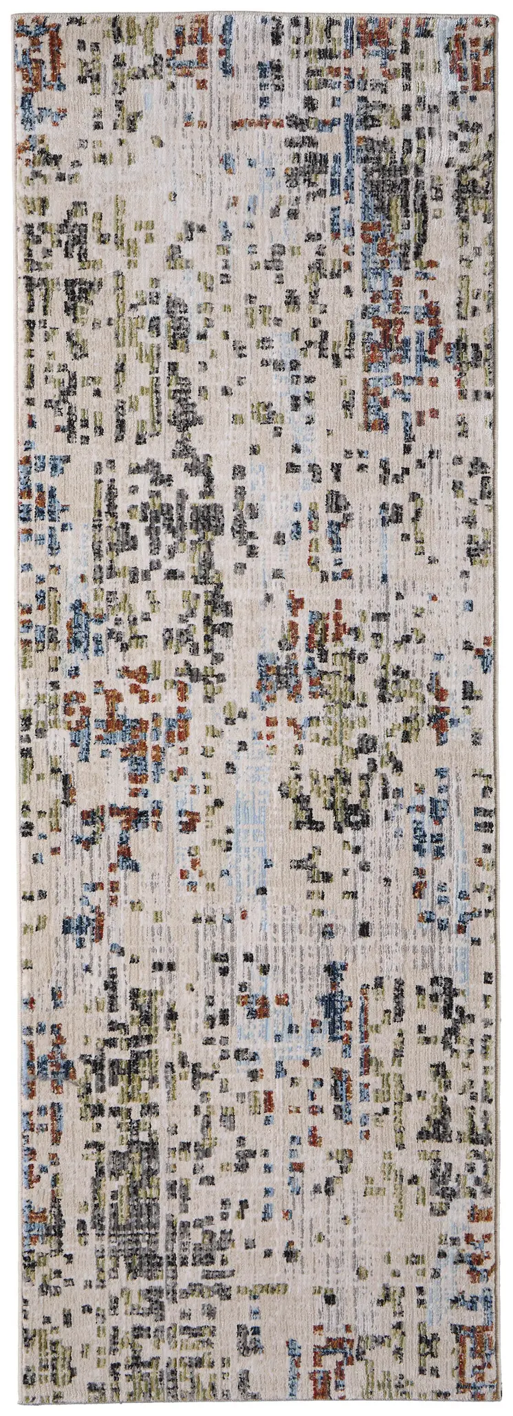 8' Ivory Green And Blue Abstract Runner Rug