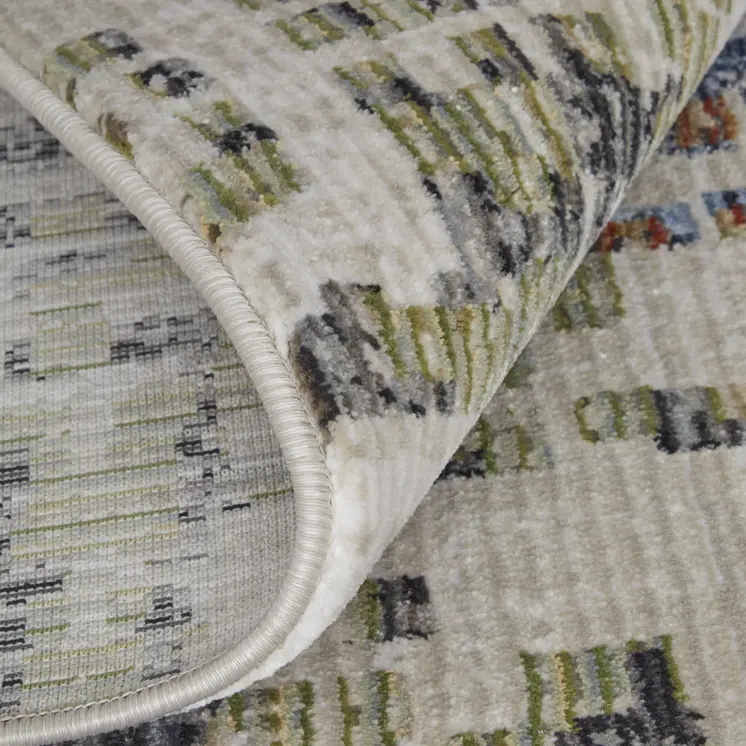8' Ivory Green And Blue Abstract Runner Rug