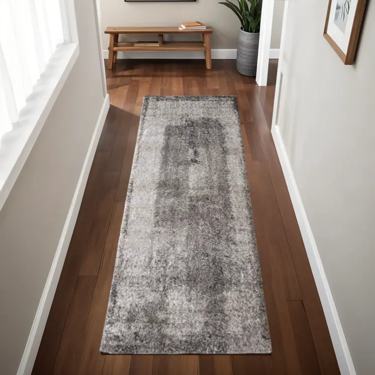 8' Gray Black And Taupe Abstract Distressed Runner Rug