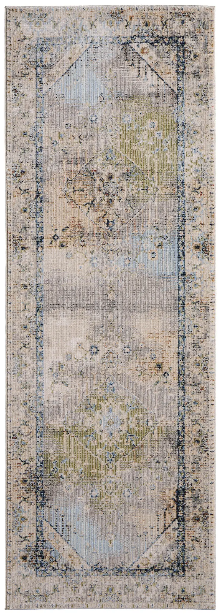 8' Ivory Green And Blue Abstract Distressed Runner Rug