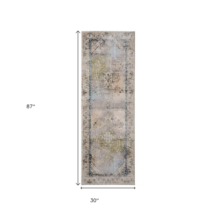 8' Ivory Green And Blue Abstract Distressed Runner Rug