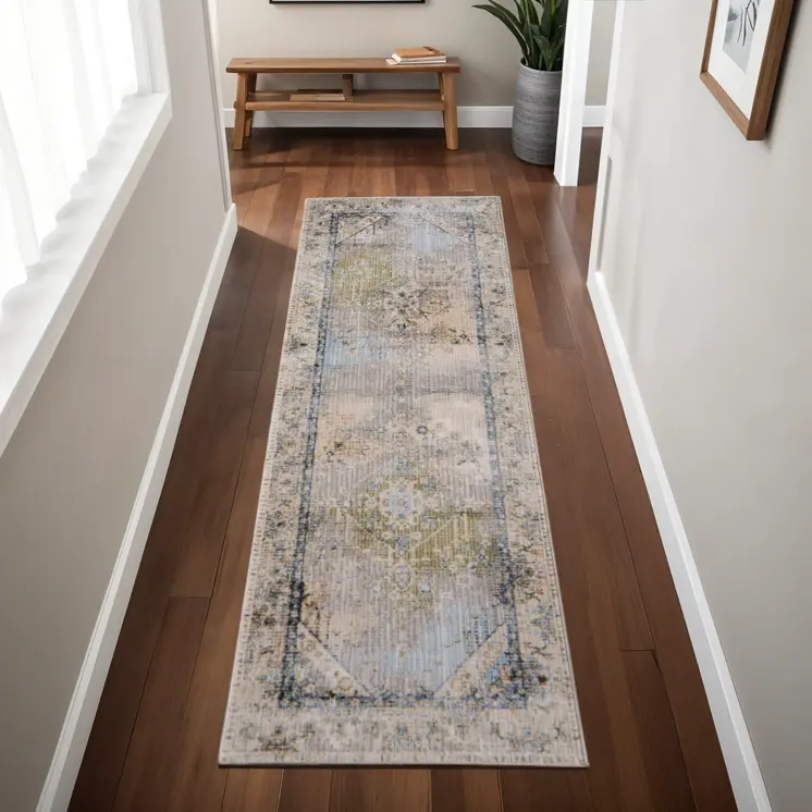 8' Ivory Green And Blue Abstract Distressed Runner Rug