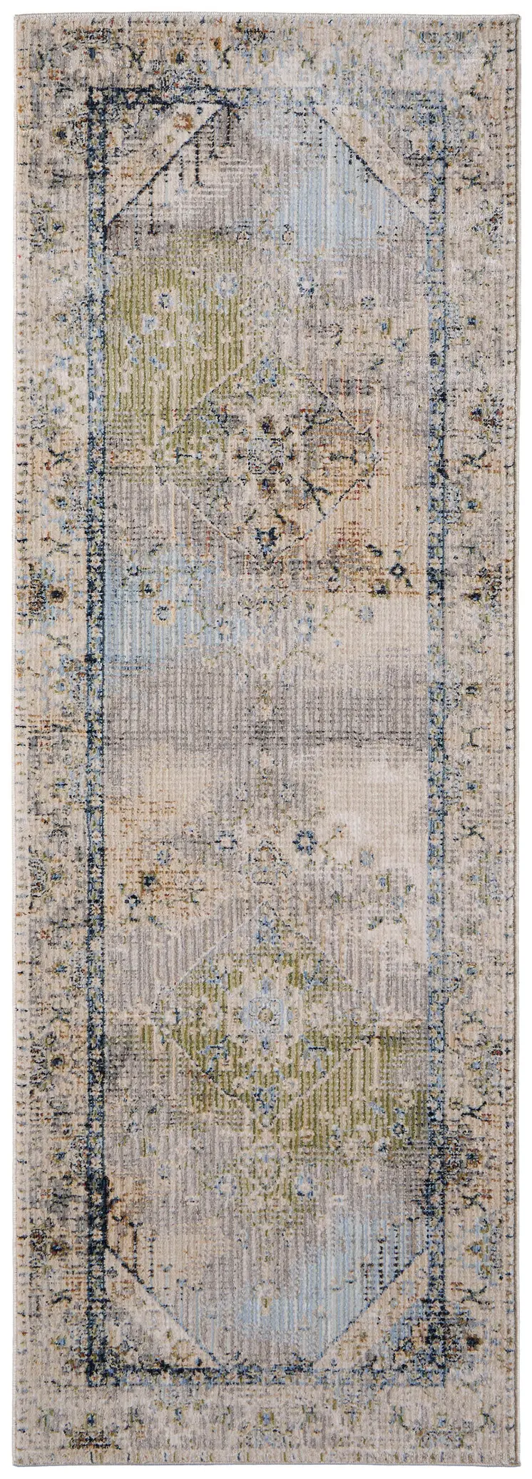 8' Ivory Green And Blue Abstract Distressed Runner Rug