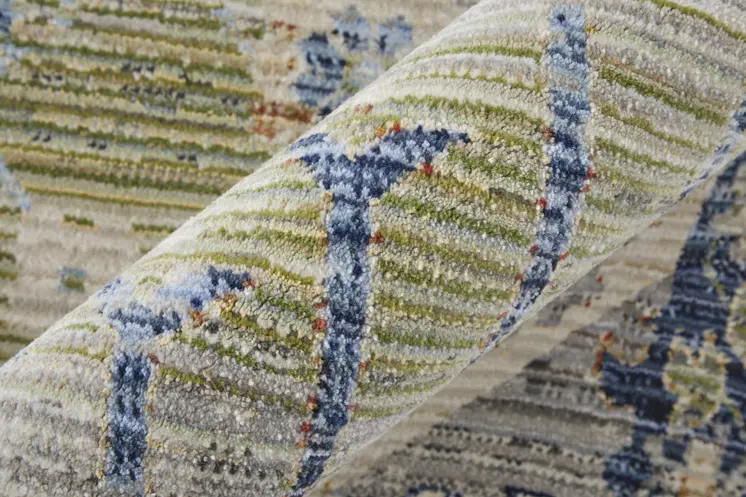 8' Ivory Green And Blue Abstract Distressed Runner Rug