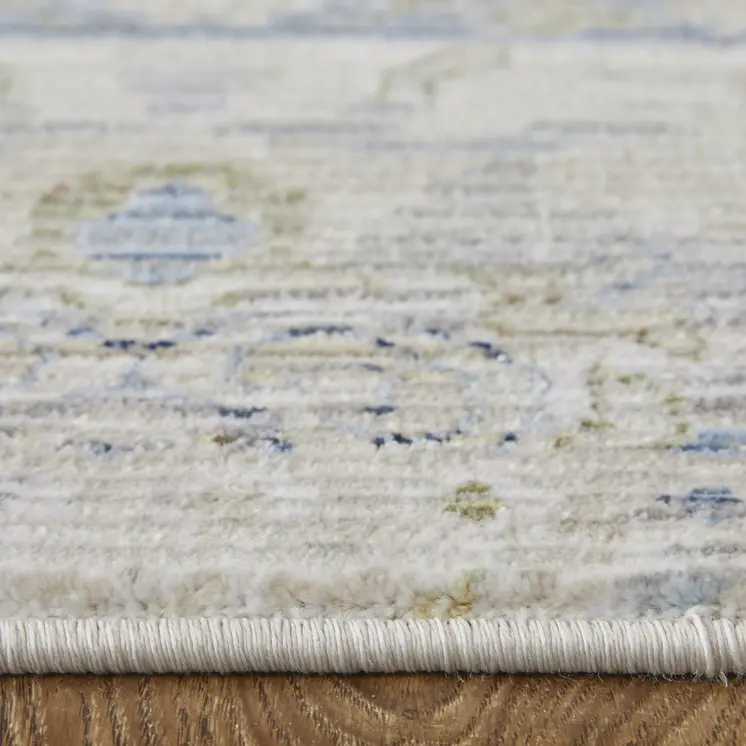 8' Ivory Green And Blue Abstract Distressed Runner Rug