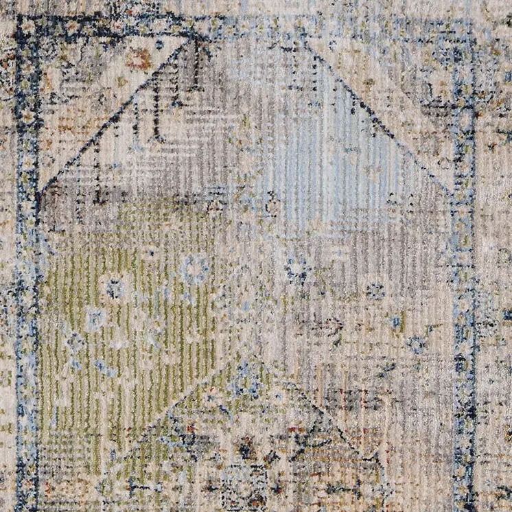 8' Ivory Green And Blue Abstract Distressed Runner Rug