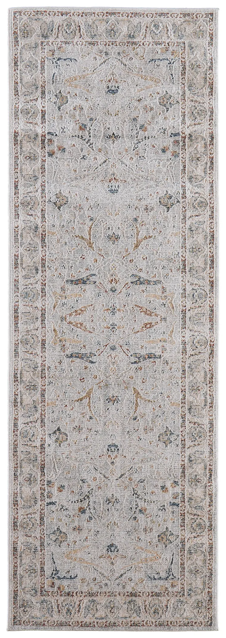 8' Ivory Blue And Taupe Ikat Distressed Runner Rug With Fringe