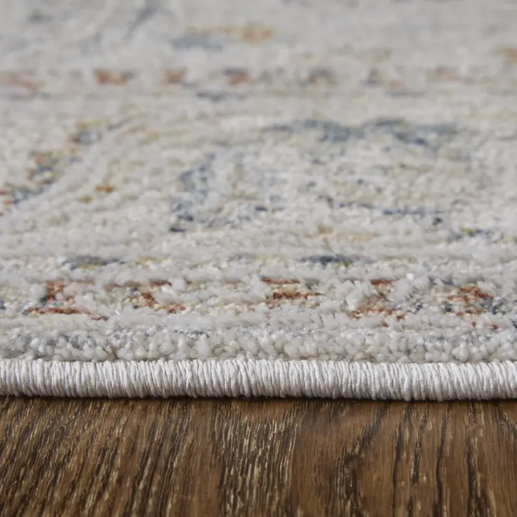 8' Ivory Blue And Taupe Ikat Distressed Runner Rug With Fringe