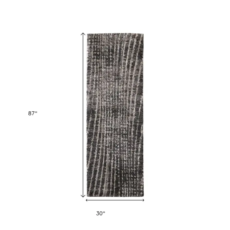 8' Black Gray And Ivory Abstract Runner Rug