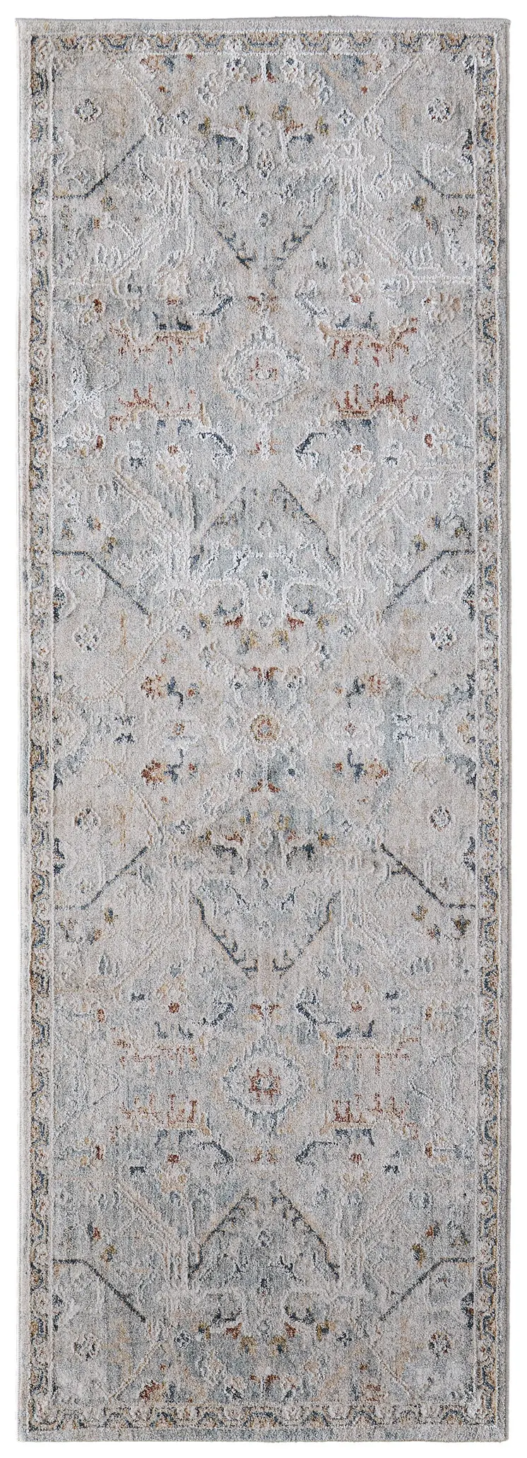 8' Ivory Blue And Tan Abstract Distressed Runner Rug With Fringe