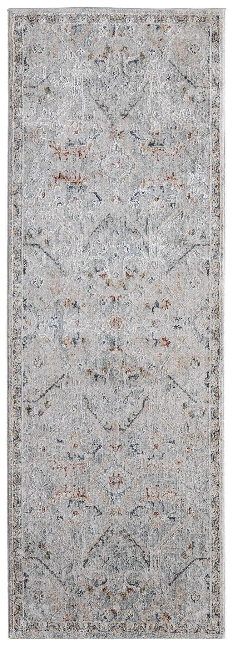 8' Ivory Blue And Tan Abstract Distressed Runner Rug With Fringe