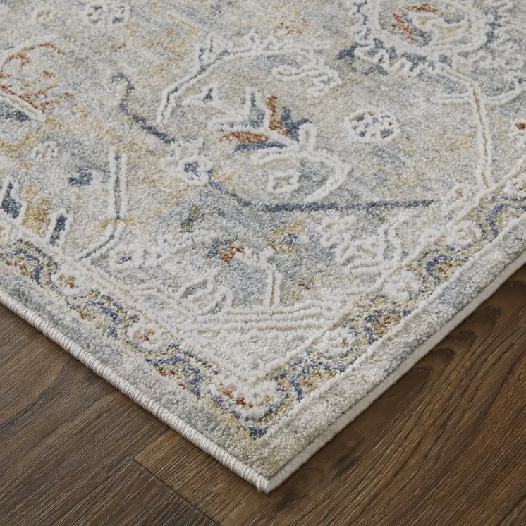 8' Ivory Blue And Tan Abstract Distressed Runner Rug With Fringe