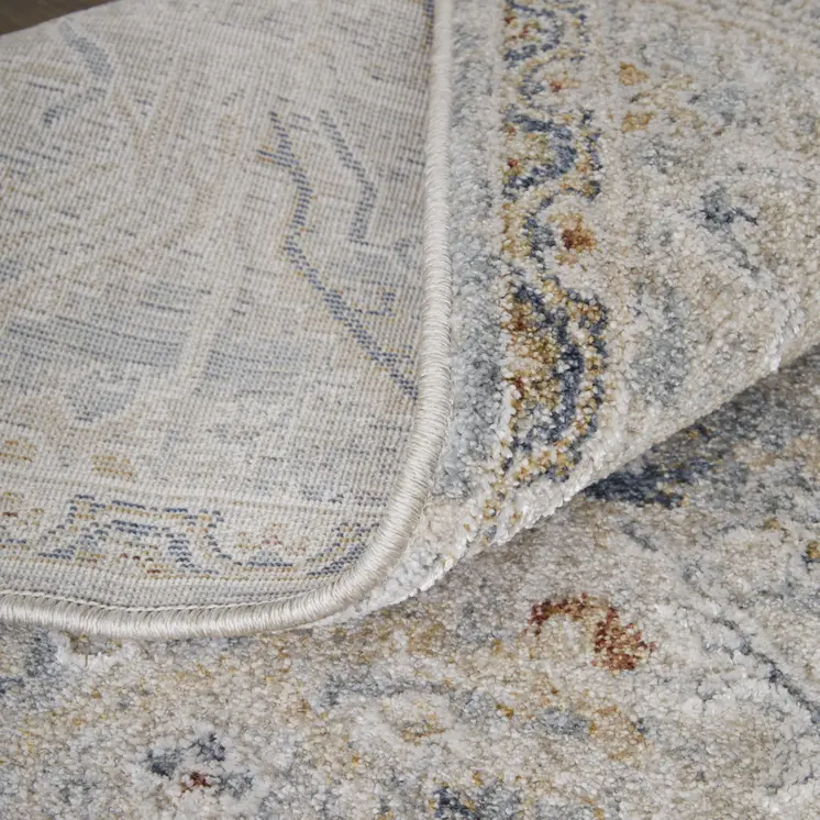 8' Ivory Blue And Tan Abstract Distressed Runner Rug With Fringe