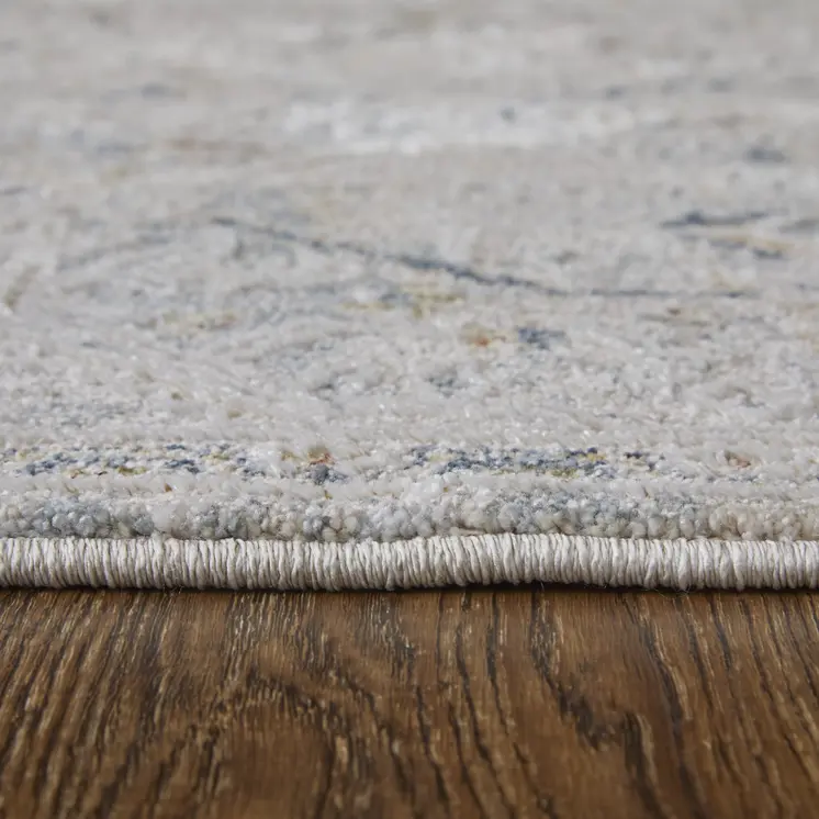 8' Ivory Blue And Tan Abstract Distressed Runner Rug With Fringe