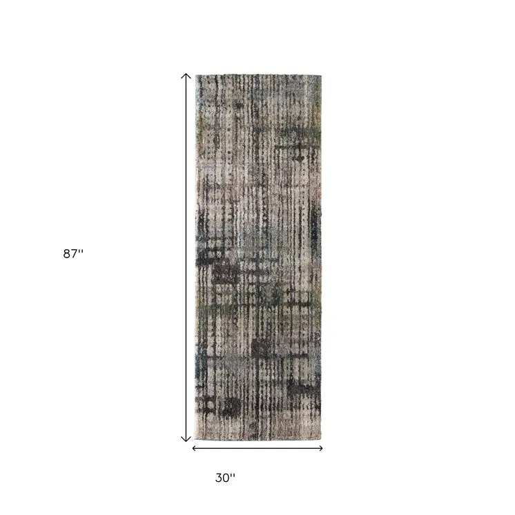 8' Gray Black And Ivory Abstract Distressed Runner Rug