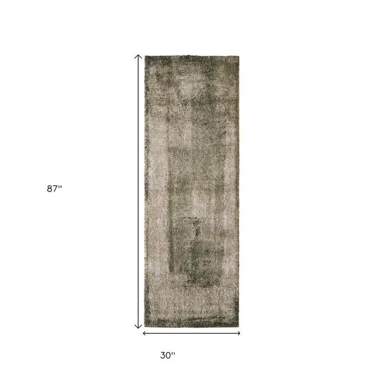 8' Green And Tan Abstract Distressed Runner Rug