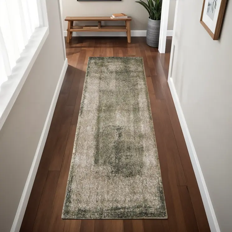 8' Green And Tan Abstract Distressed Runner Rug
