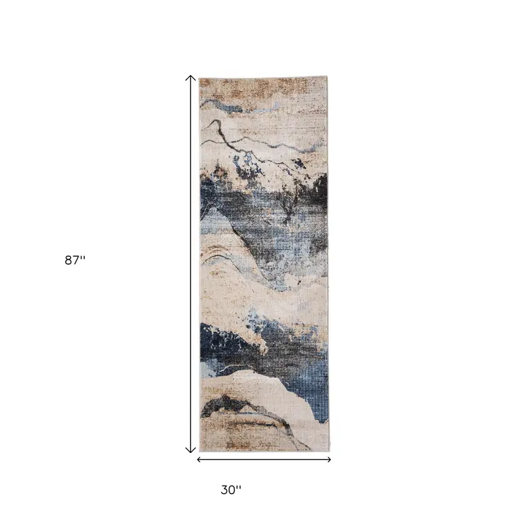 8' Tan Blue And Gray Abstract Runner Rug