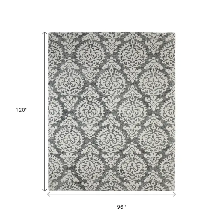 8' X 10' Gray Ivory And Black Floral Hand Tufted Area Rug