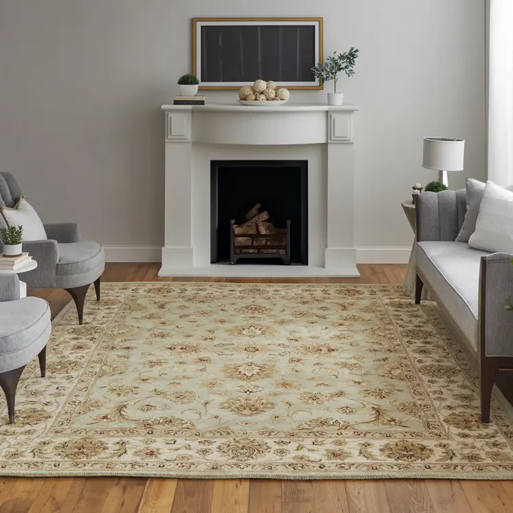 8' X 10' Tan Brown And Green Oriental Hand Tufted Area Rug
