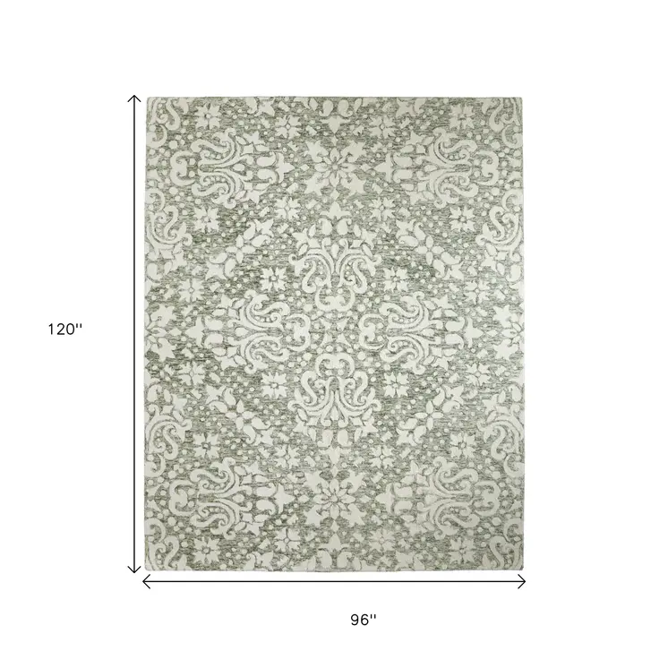 8' X 10' Ivory And Green Floral Hand Tufted Area Rug