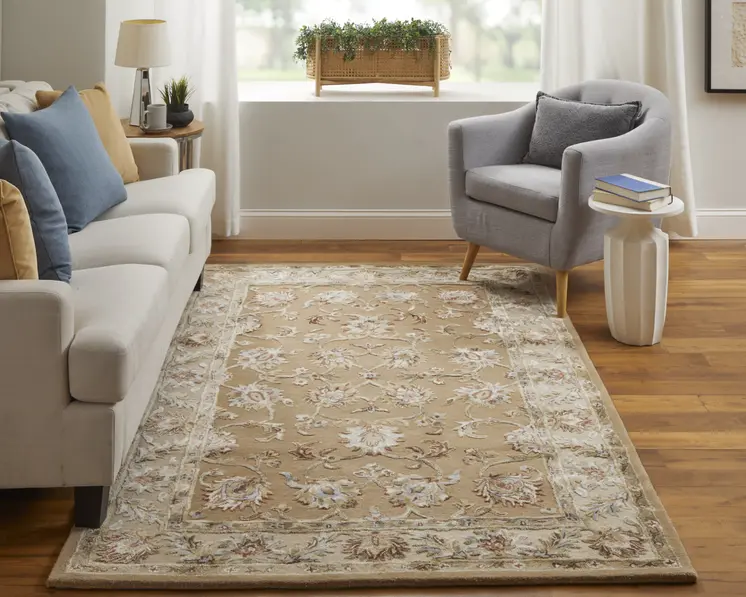 8' X 10' Tan And Ivory Floral Hand Tufted Area Rug