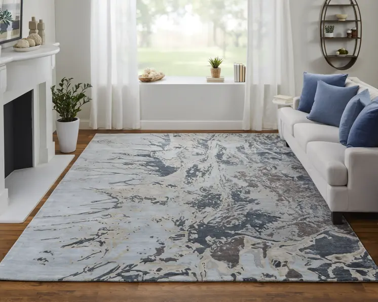 9' X 12' Blue Taupe And Green Abstract Hand Tufted Distressed Area Rug