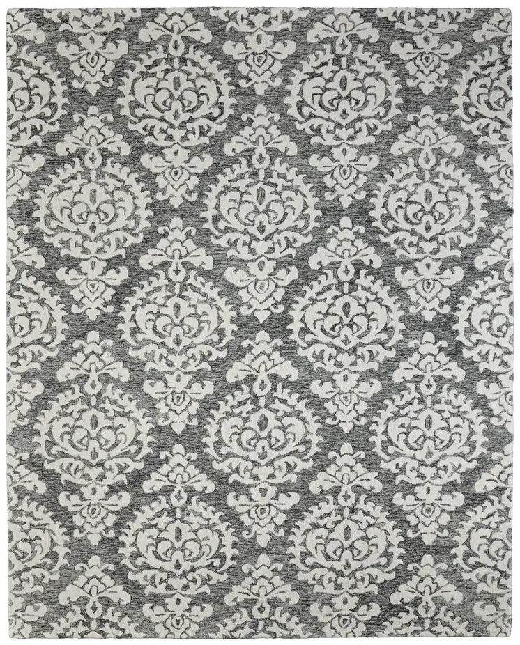 9' X 12' Gray Ivory And Black Floral Hand Tufted Area Rug