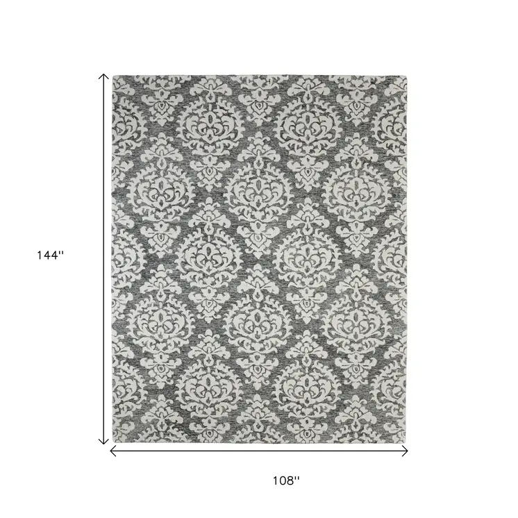 9' X 12' Gray Ivory And Black Floral Hand Tufted Area Rug