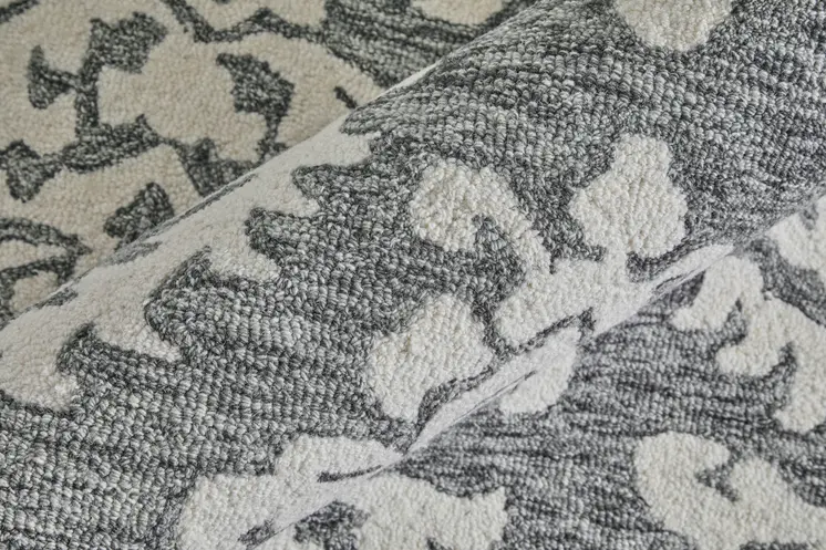 9' X 12' Gray Ivory And Black Floral Hand Tufted Area Rug