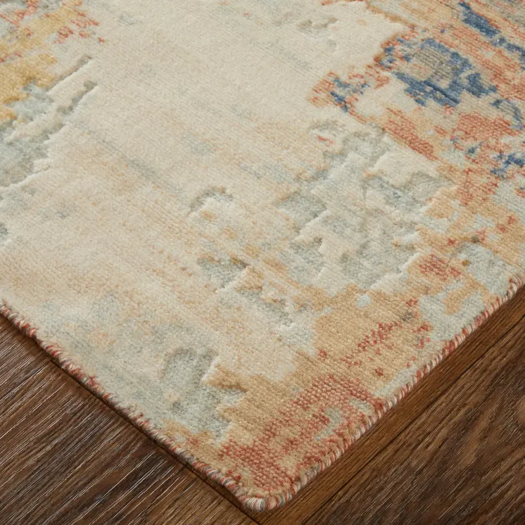 9' X 12' Gray Orange And Ivory Abstract Distressed Area Rug