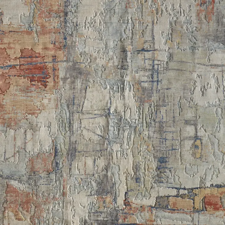 9' X 12' Gray Orange And Ivory Abstract Distressed Area Rug
