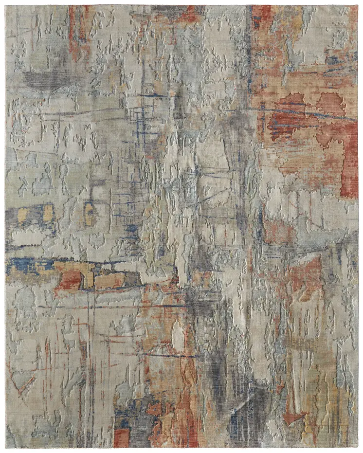 9' X 12' Gray Orange And Ivory Abstract Distressed Area Rug