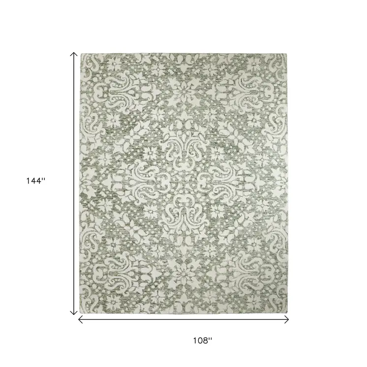 9' X 12' Ivory And Green Floral Hand Tufted Area Rug