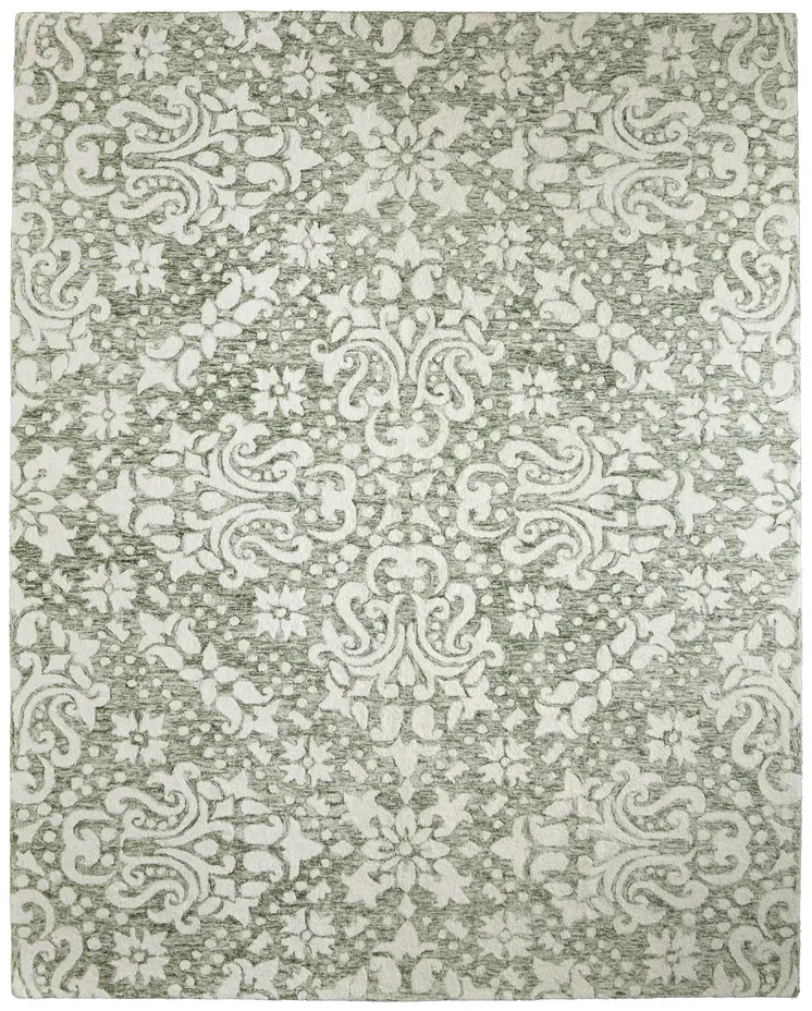 9' X 12' Ivory And Green Floral Hand Tufted Area Rug