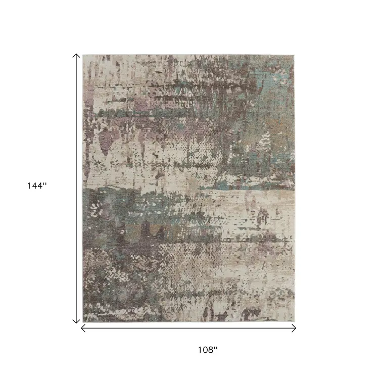 9' X 12' Blue Ivory And Purple Abstract Distressed Area Rug