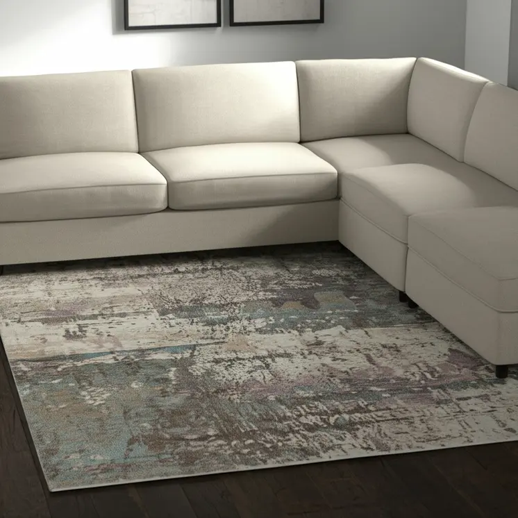 9' X 12' Blue Ivory And Purple Abstract Distressed Area Rug