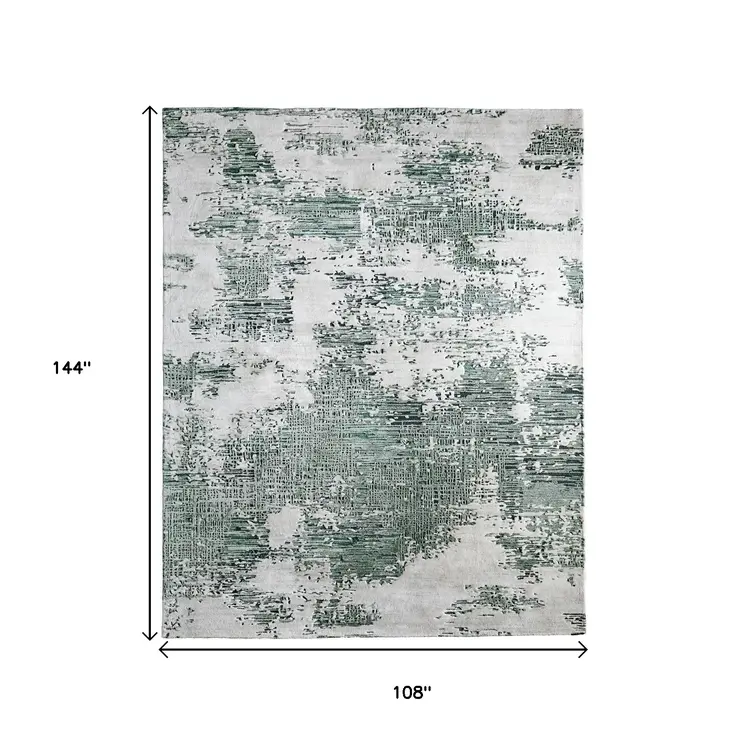 9' X 12' Green And White Abstract Hand Tufted Area Rug