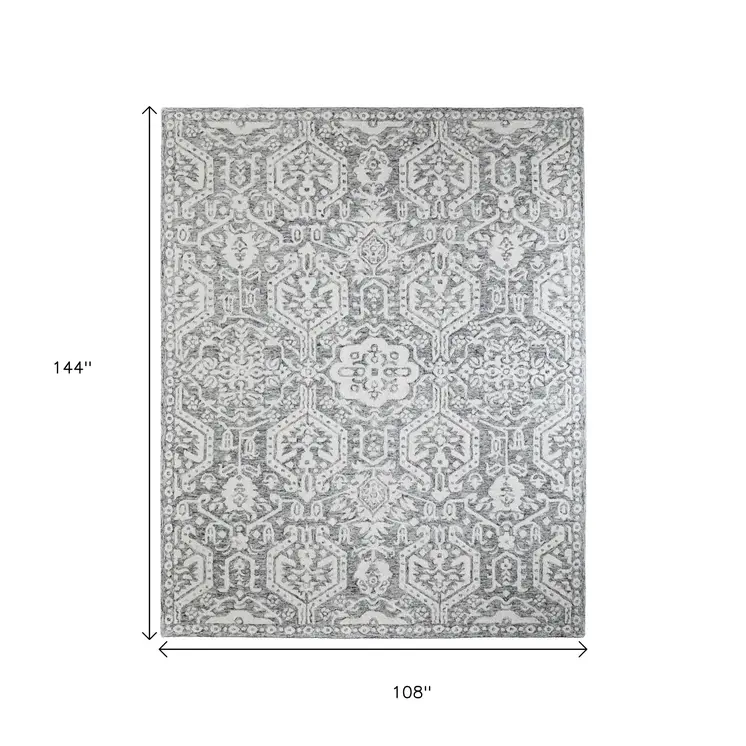 9' X 12' Gray And White Geometric Hand Tufted Area Rug
