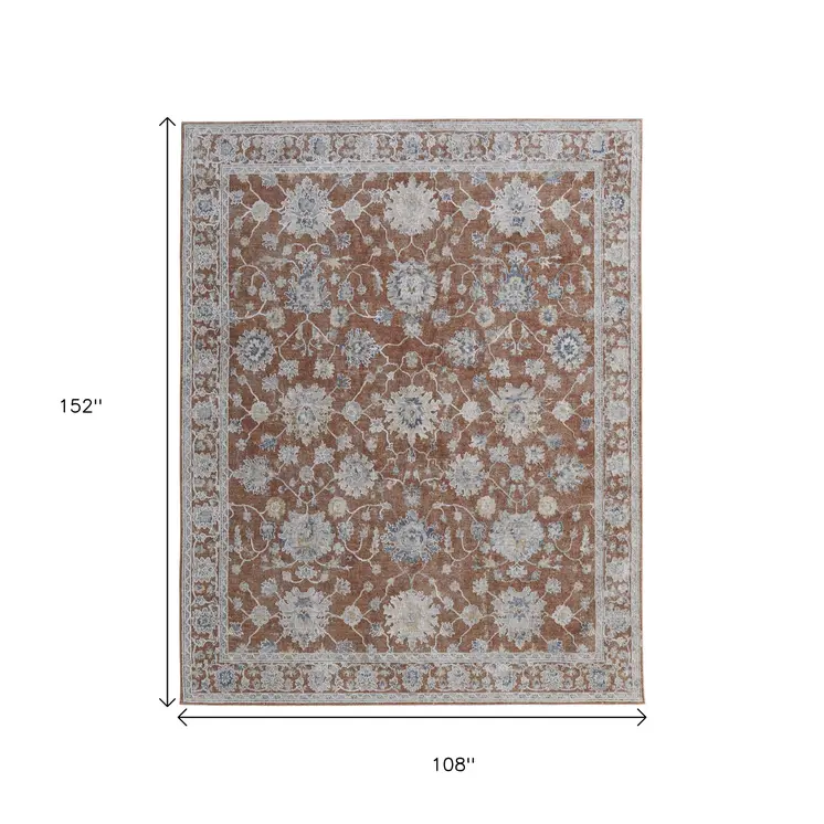 9' X 13' Red Ivory And Blue Floral Distressed Area Rug With Fringe
