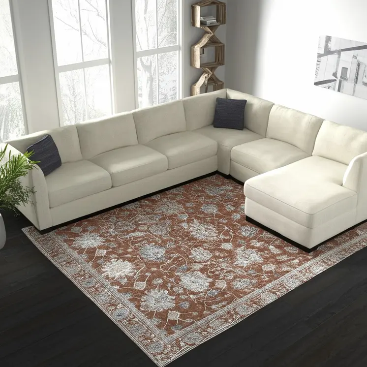 9' X 13' Red Ivory And Blue Floral Distressed Area Rug With Fringe