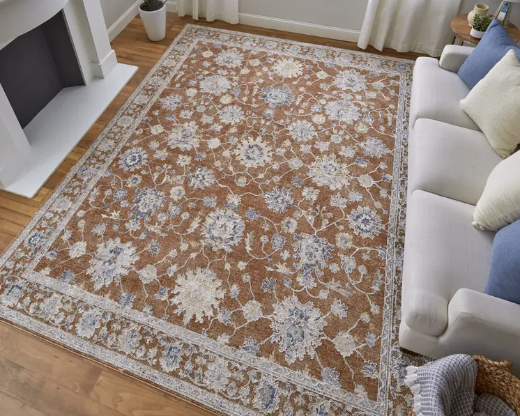 9' X 13' Red Ivory And Blue Floral Distressed Area Rug With Fringe