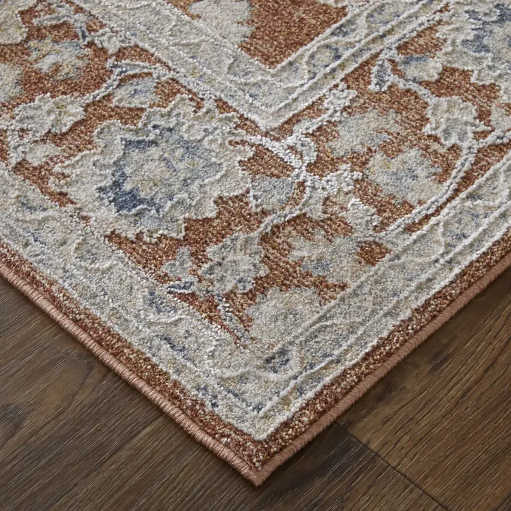9' X 13' Red Ivory And Blue Floral Distressed Area Rug With Fringe
