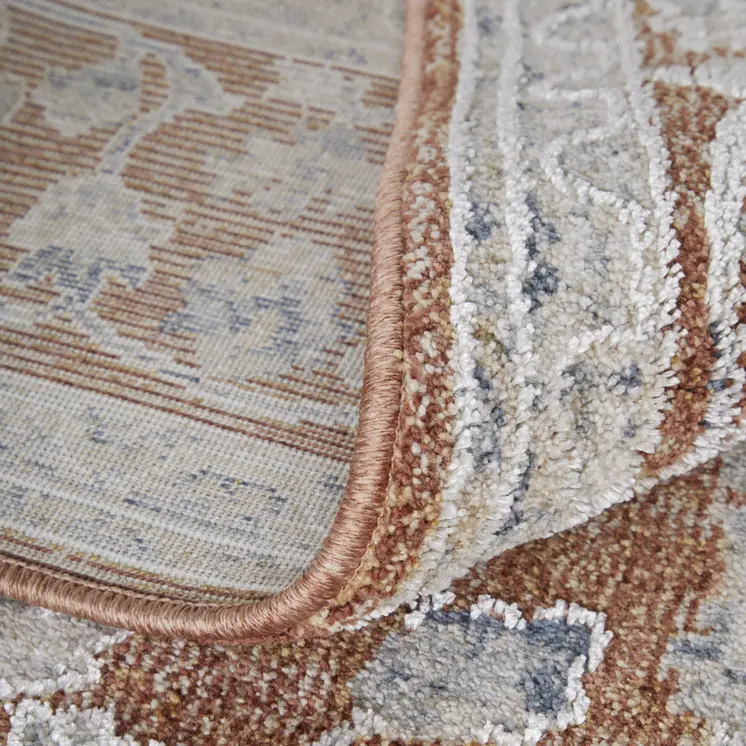 9' X 13' Red Ivory And Blue Floral Distressed Area Rug With Fringe