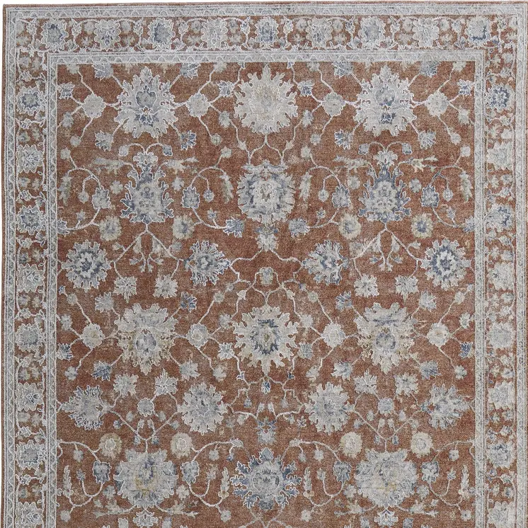 9' X 13' Red Ivory And Blue Floral Distressed Area Rug With Fringe