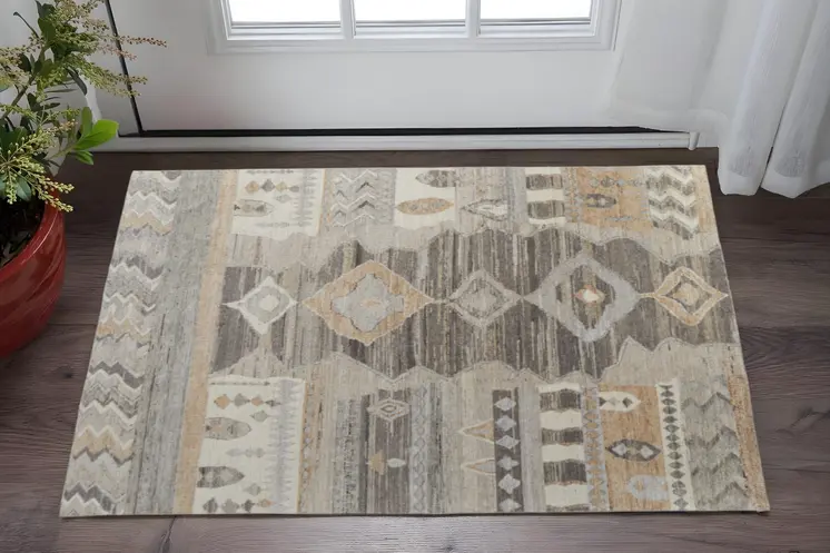 2' X 3' Ivory Gray And Orange Moroccan Hand Knotted Area Rug