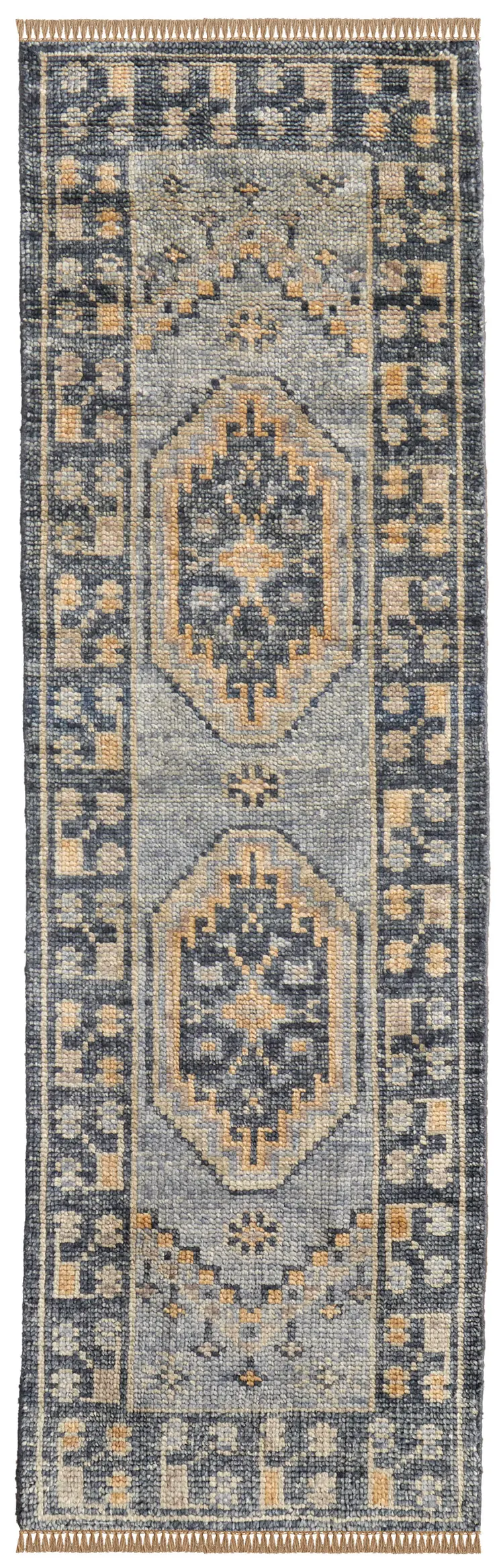 12' Blue And Gray Oriental Hand Knotted Runner Rug With Fringe