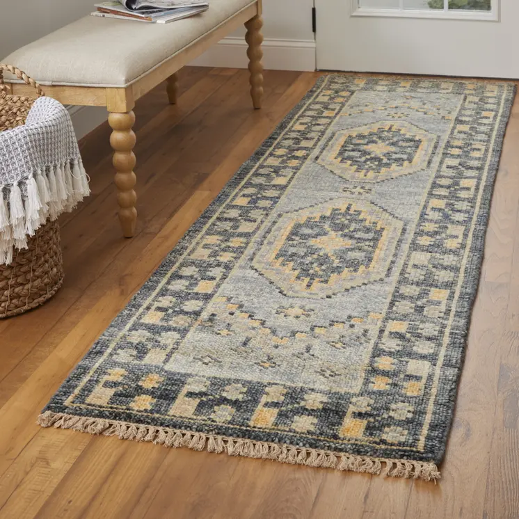 12' Blue And Gray Oriental Hand Knotted Runner Rug With Fringe