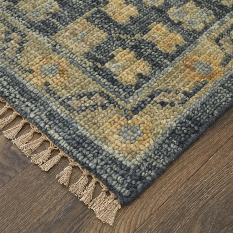 12' Blue And Gray Oriental Hand Knotted Runner Rug With Fringe