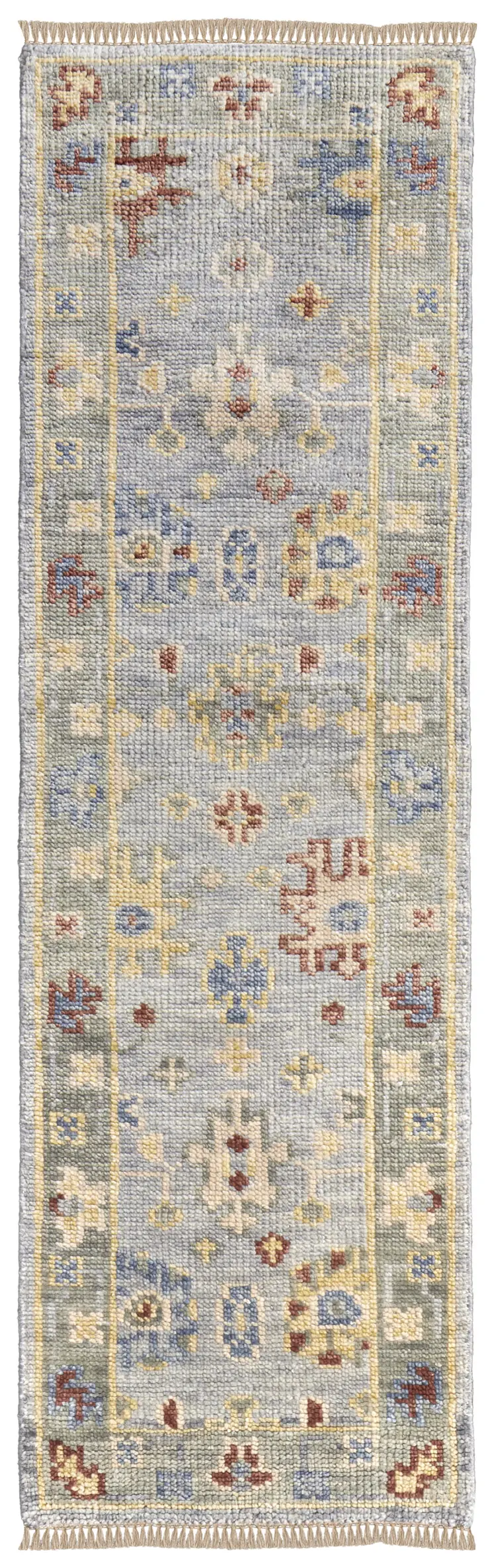 12' Blue Taupe And Gray Floral Hand Knotted Runner Rug With Fringe